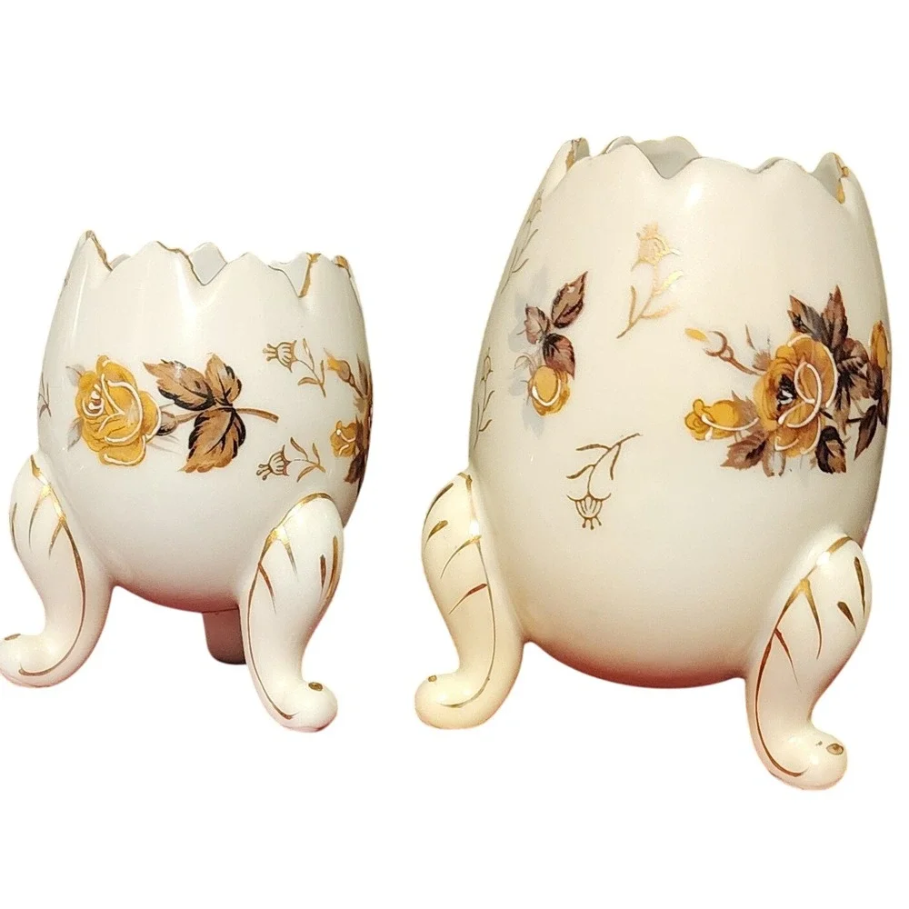 VTG Napcoware Vase Porcelain Egg Shaped 3 Footed Planters Set Floral Rose Decor